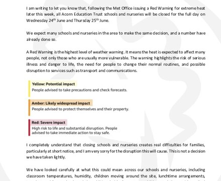 Acorn letter for school and nursery closures